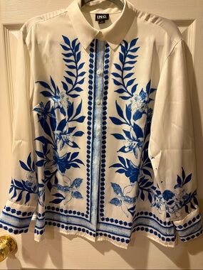 INC International Concepts White Button-Down Blouse with Blue Floral Motif